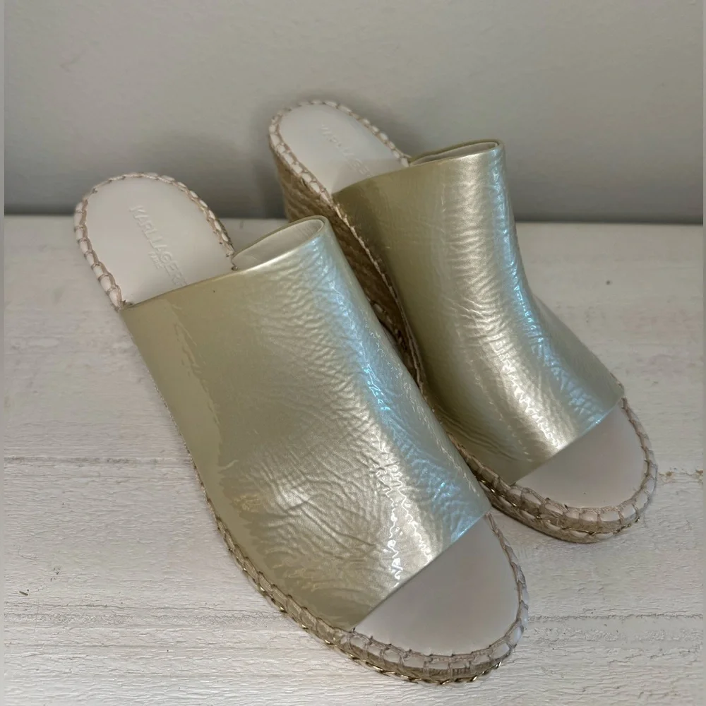 KARL LAGERFELD Paris Carina Slip On Open Toe Wedge Sandals Women’s 9.5 LIKE NEW - Picture 2 of 10